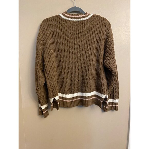 Love Tree Sweater Women’s L Brown V-Neck Ribbed Knit Striped Trim - Picture 2 of 13